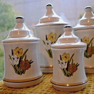 Set of 4 Vintage 1970s California Tulip Ceramic Kitchen Canisters